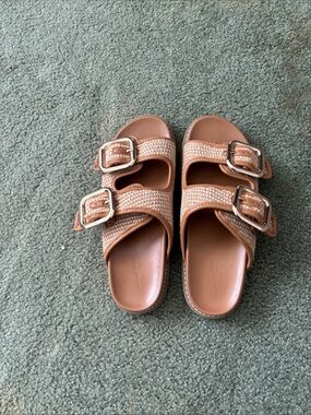 Universal Thread Tan Woven Double-Buckle Slide Sandals